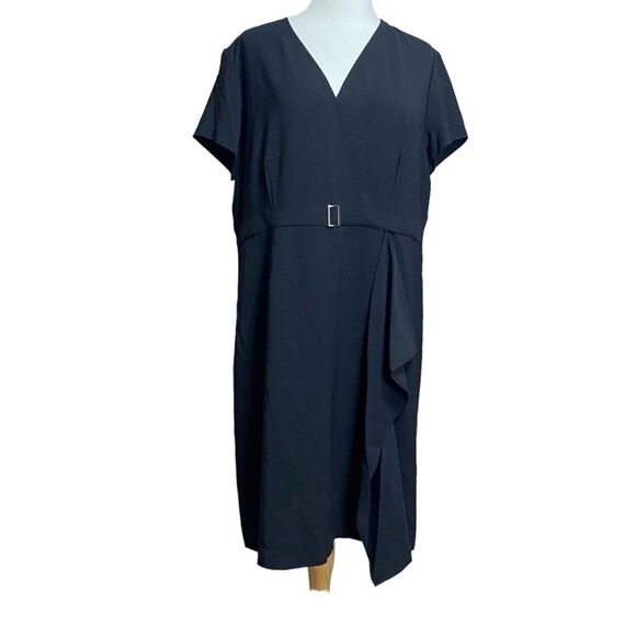 Ming Wang Black Belted Faux Wrap Dress Size Large V-Neck